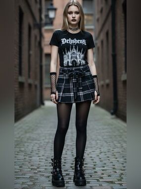 Y2K American Eagle Black Cream Pleated Mini Micro Skirt Belted Goth Punk